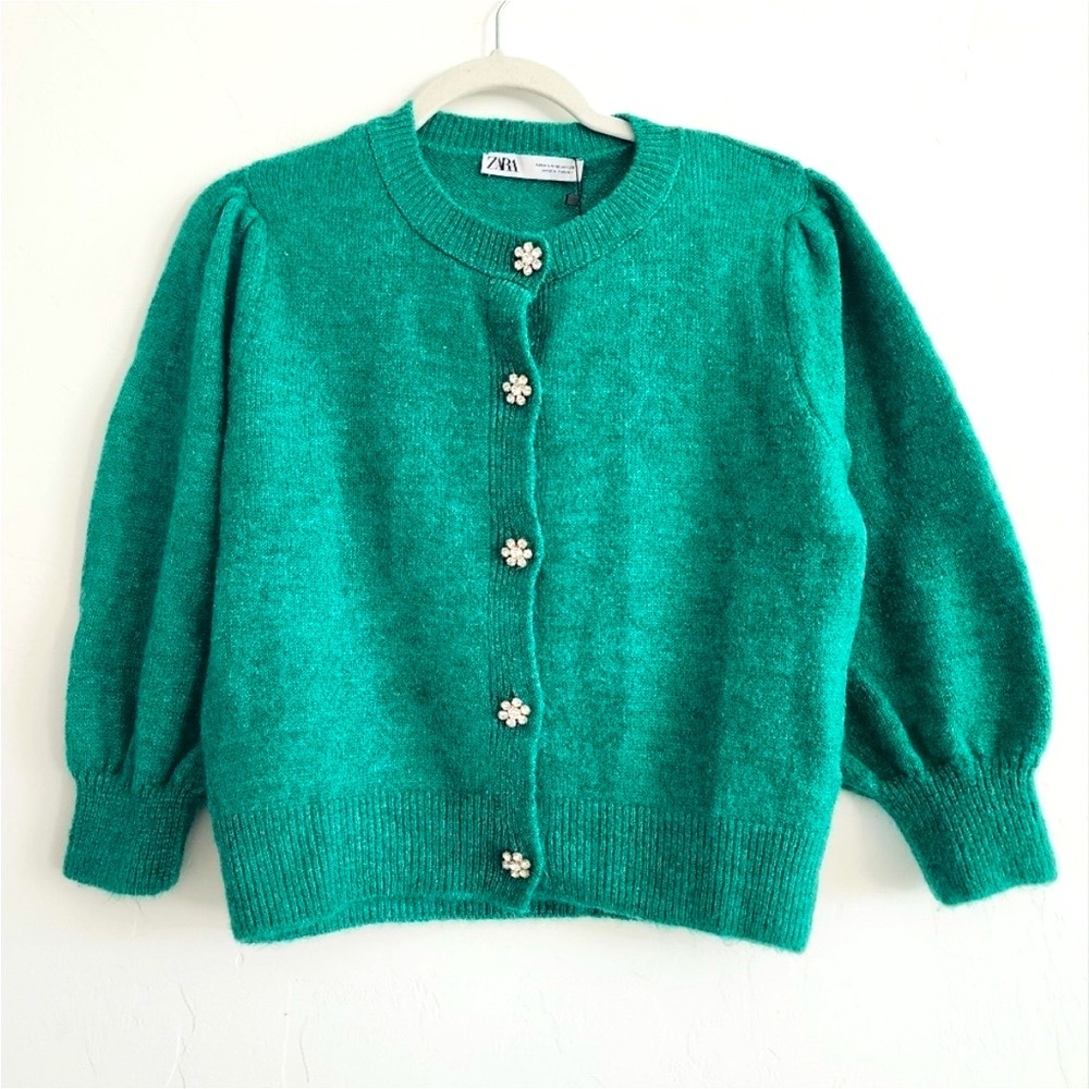 Zara Green Jewel Button Knit Cardigan Sweater